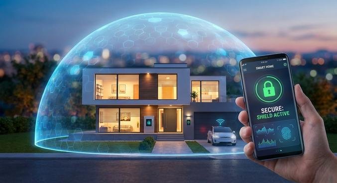 A modern smart home protected by a digital glowing shield and a security app on a smartphone.