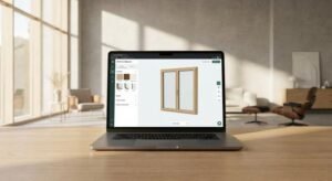 Laptop displaying an online window configuration tool in a bright, modern minimalist living room.