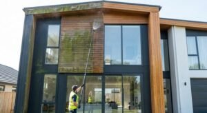 Professional facade cleaning of a modern house showing a clear contrast between dirty and clean exterior walls.
