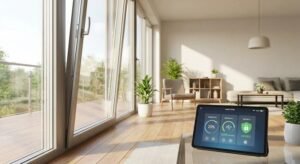 A modern smart window with an automated electronic actuator and a digital control interface on a tablet.