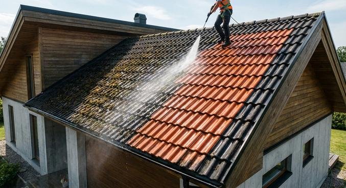 Professionelle Dachreinigung zeigt den Kontrast zwischen verschmutzten und sauberen Dachpfannen an einem modernen Haus.