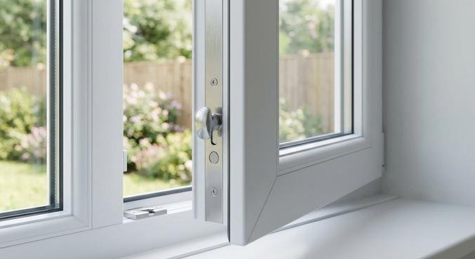 Close-up of a modern security window with a mushroom head locking mechanism for RC2 burglary protection.