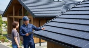 A professional roofing contractor showing a homeowner the results of a high-quality roof coating on a modern house.