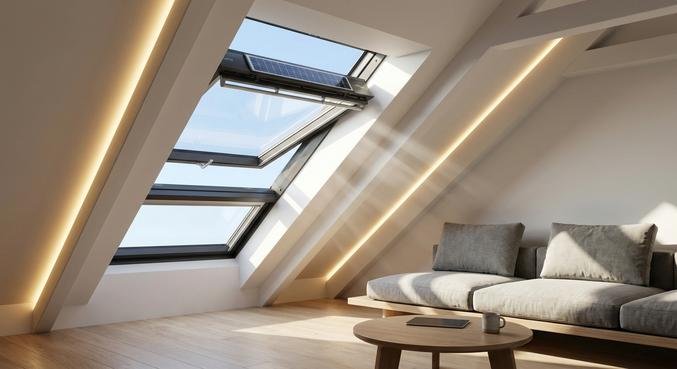 Modernes Dachfenster mit elektrischem Antrieb und Solarpanel in einem hell ausgebauten Dachgeschoss.