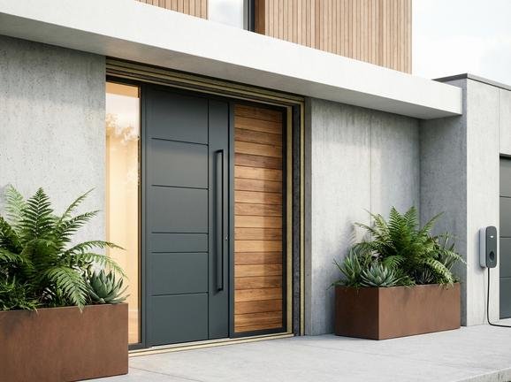 Modern energy-efficient front door of a contemporary house, highlighting insulation and sustainable home improvement.
