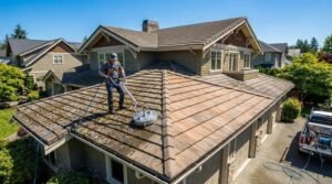 Professional roof cleaning and moss removal on a residential house to preserve its value and appearance.