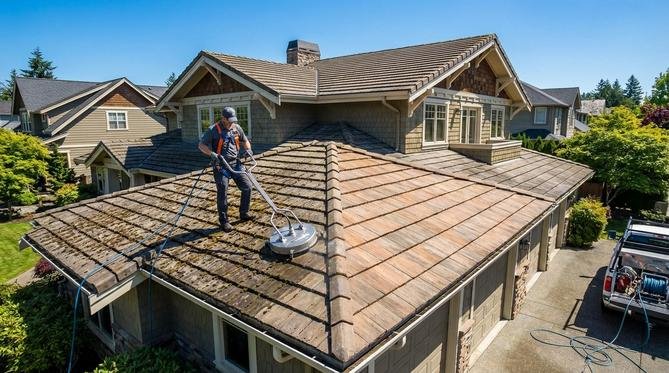 Professional roof cleaning and moss removal on a residential house to preserve its value and appearance.