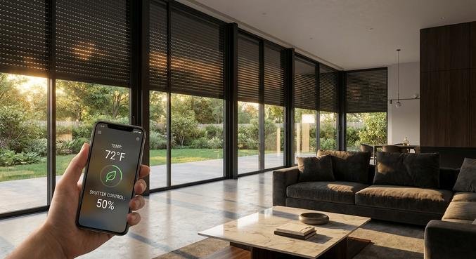 Modern smart roller shutters on a window being controlled by a smartphone app for energy efficiency.