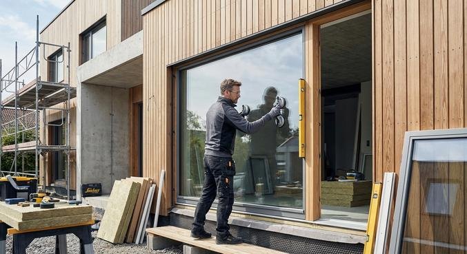 Professional window installation by a specialist using energy-efficient materials in a modern home.