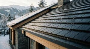 Close-up of a weatherproof roof coating on dark tiles, showing water beading and frost protection for a house.