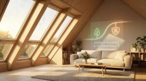 Modernes, energieeffizientes Dachfenster in einem hellen Dachgeschoss, das Wärmedämmung und Energieeinsparung illustriert.