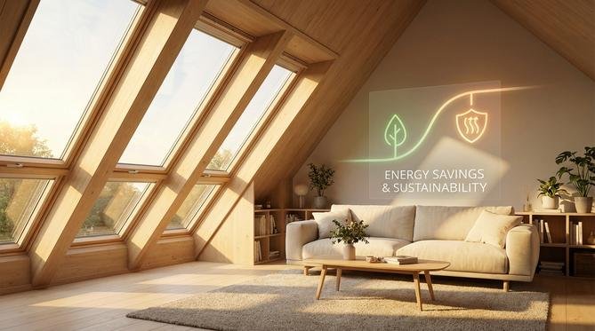 Modernes, energieeffizientes Dachfenster in einem hellen Dachgeschoss, das Wärmedämmung und Energieeinsparung illustriert.