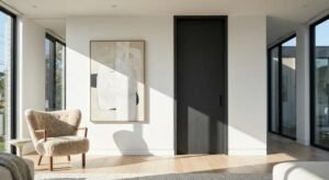 Modern minimalist interior door with a sleek black handle in a bright, contemporary living room.