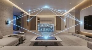 A futuristic living room with a holographic smart home interface and interconnected device icons for home automation.