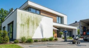 A professional worker cleaning green algae off a white plastered house facade using a high-pressure water cleaner.