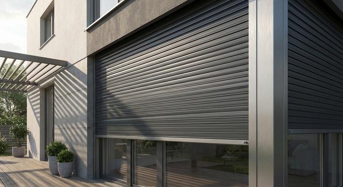 Modern anthracite roller shutters partially closed on a large window for sun protection and security.
