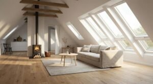 Bright attic room with modern roof windows allowing natural sunlight to enter a minimalist living space.