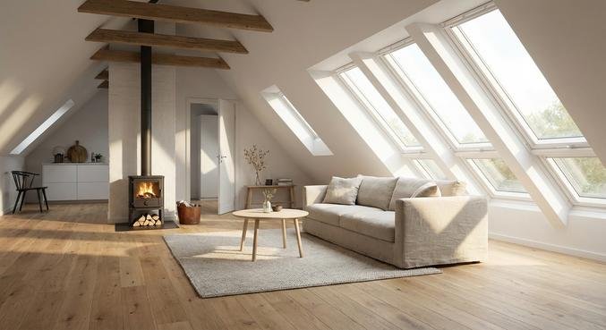 Bright attic room with modern roof windows allowing natural sunlight to enter a minimalist living space.