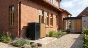 Modern air-source heat pump installed outside a renovated traditional brick house, illustrating energy-efficient retrofitting for old buildings.