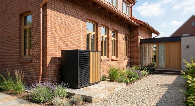Modern air-source heat pump installed outside a renovated traditional brick house, illustrating energy-efficient retrofitting for old buildings.
