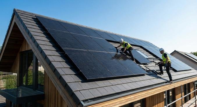 Modern residential house roof with newly installed solar panels under a clear blue sky.