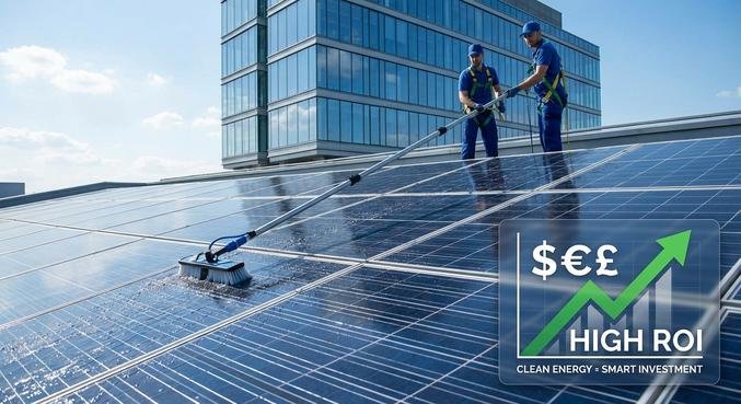 A professional solar panel cleaning process on a rooftop, illustrating maintenance and return on investment.