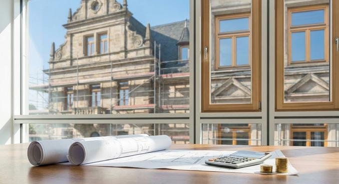 An old building undergoing energy-efficient renovation with architectural blueprints and a calculator for cost planning.