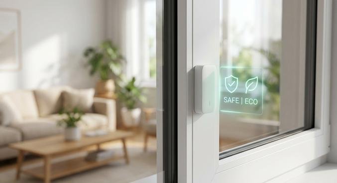 A modern smart window sensor mounted on a clean white frame in a bright, cozy home interior.