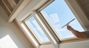 A person cleaning a roof window with a squeegee in a bright attic, showing a clear blue sky.