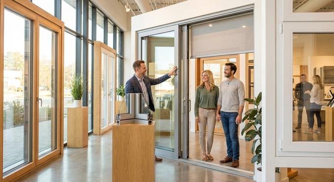 Ein heller, moderner Ausstellungsraum für Fenster mit verschiedenen Fensterrahmen und einem Beratungsgespräch im Hintergrund.