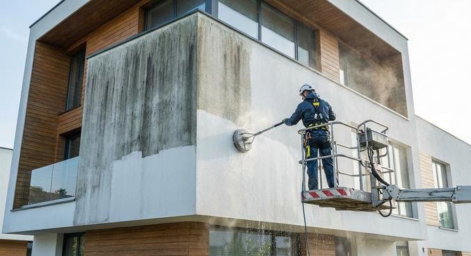 Professional facade cleaning of a modern building, removing algae and dirt to protect and maintain the WDVS insulation.