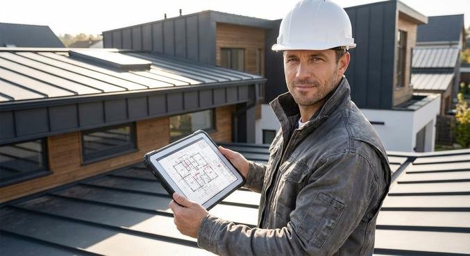 A professional roofing expert conducting an on-site consultation and inspection on a modern residential roof.