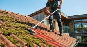 A person cleaning moss from red roof tiles using a brush during a sunny day.