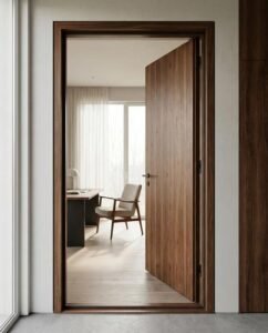 Modern soundproof interior door with high-quality seals in a quiet, minimalist room.