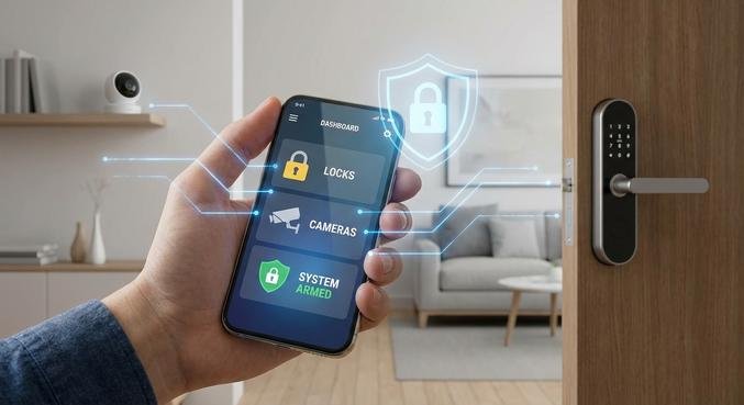Smartphone displaying a security app in a modern home with smart locks and cameras for burglary protection.