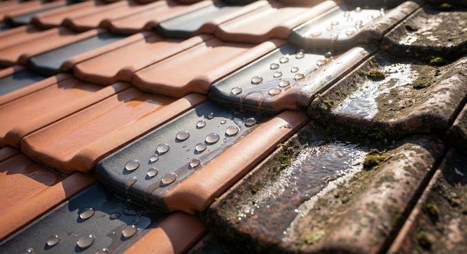 A close-up of roof tiles showing the Lotus effect with water beading off a clean, protected surface.