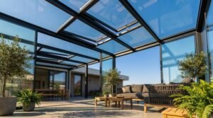 Modern glass patio roof with open skylights for ventilation and natural light over a lounge area.