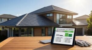 A modern house with a newly coated dark grey roof and a tablet showing a service cost comparison.
