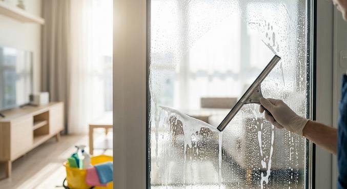 Professional window cleaning showing a squeegee clearing a soapy window in a bright, modern room.