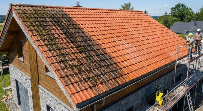 A split-view of a house roof showing the contrast between a dirty, mossy surface and a professionally cleaned, sealed roof.