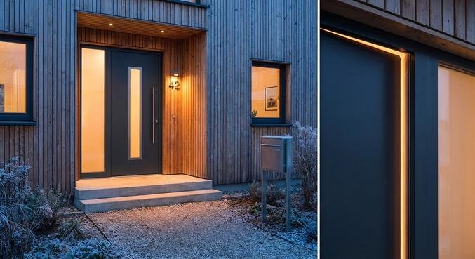 A modern, energy-efficient anthracite front door with premium insulation, representing high thermal protection standards.