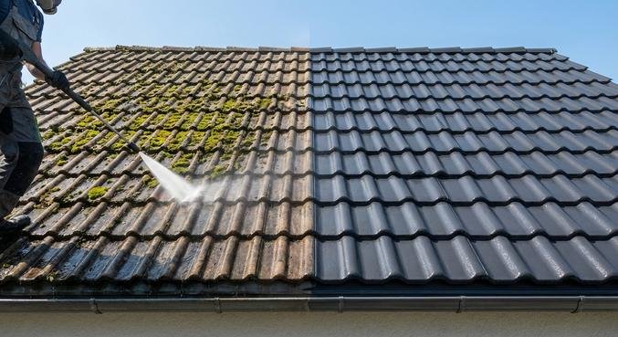 A visual comparison showing the difference between roof cleaning and a professional protective roof coating on a house.
