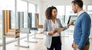 A professional consultant discussing energy-efficient window options with a client in a modern, bright showroom.