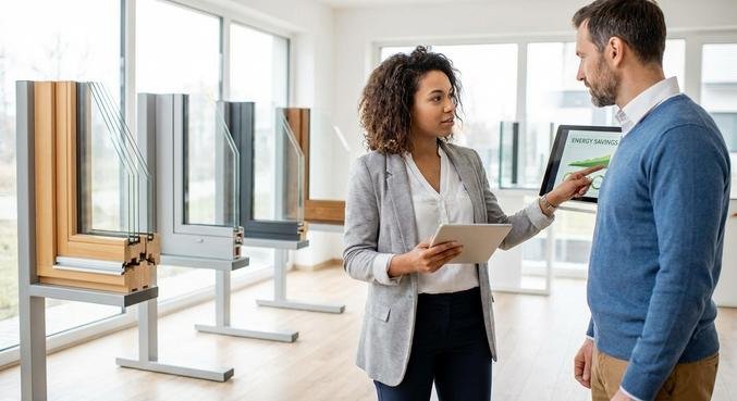 A professional consultant discussing energy-efficient window options with a client in a modern, bright showroom.