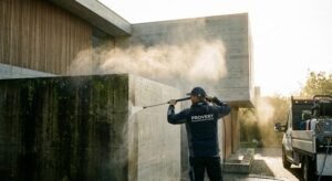 Professionelle Fassadenreinigung an einem modernen Wohnhaus mit deutlichem Vorher-Nachher-Effekt an der Außenwand.