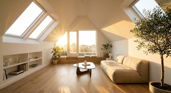 Bright modern attic room flooded with natural daylight through large contemporary roof windows.