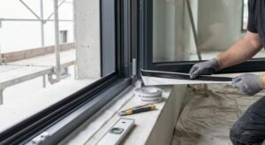 A professional window installation showing the RAL-compliant sealing process for energy efficiency.