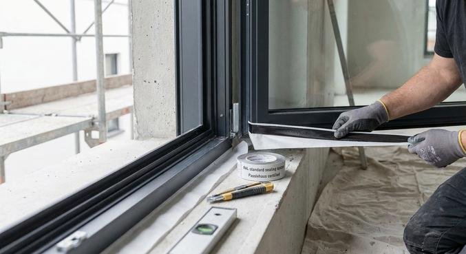 A professional window installation showing the RAL-compliant sealing process for energy efficiency.