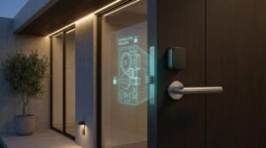 Comparison of a retrofit smart lock and an integrated motor lock on a modern wooden door.