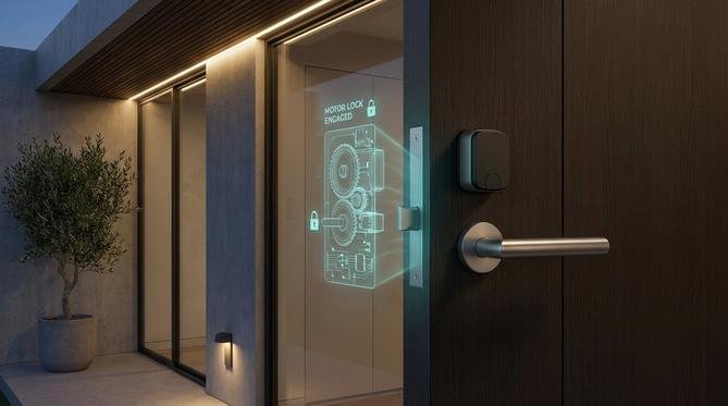 Comparison of a retrofit smart lock and an integrated motor lock on a modern wooden door.